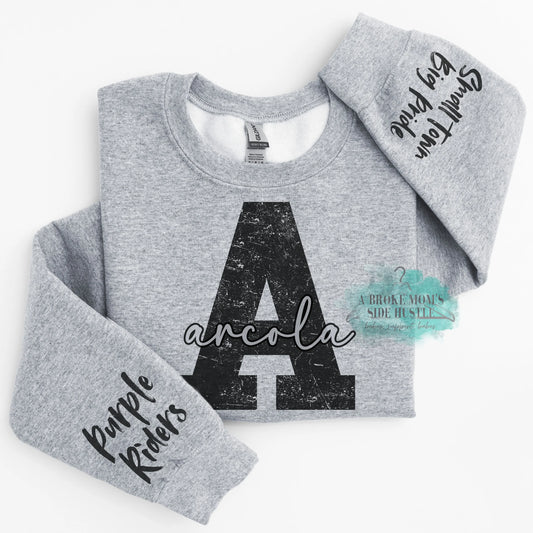 Arcola Purple Riders Large Letter 2x Sleeve Sweatshirt